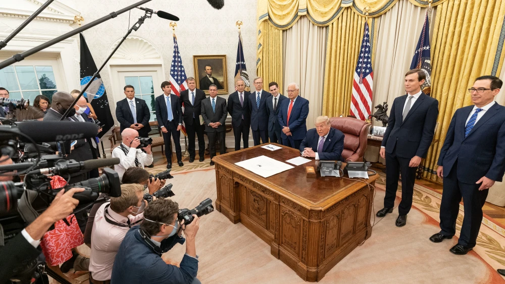 U.S. President Donald Trump, joined by White House senior advisers, delivers a statement announcing the agreement of full normalization of relations between Israel and the United Arab Emirates on Aug. 13, 2020. Credit: Joyce N. Boghosian/The White House.
