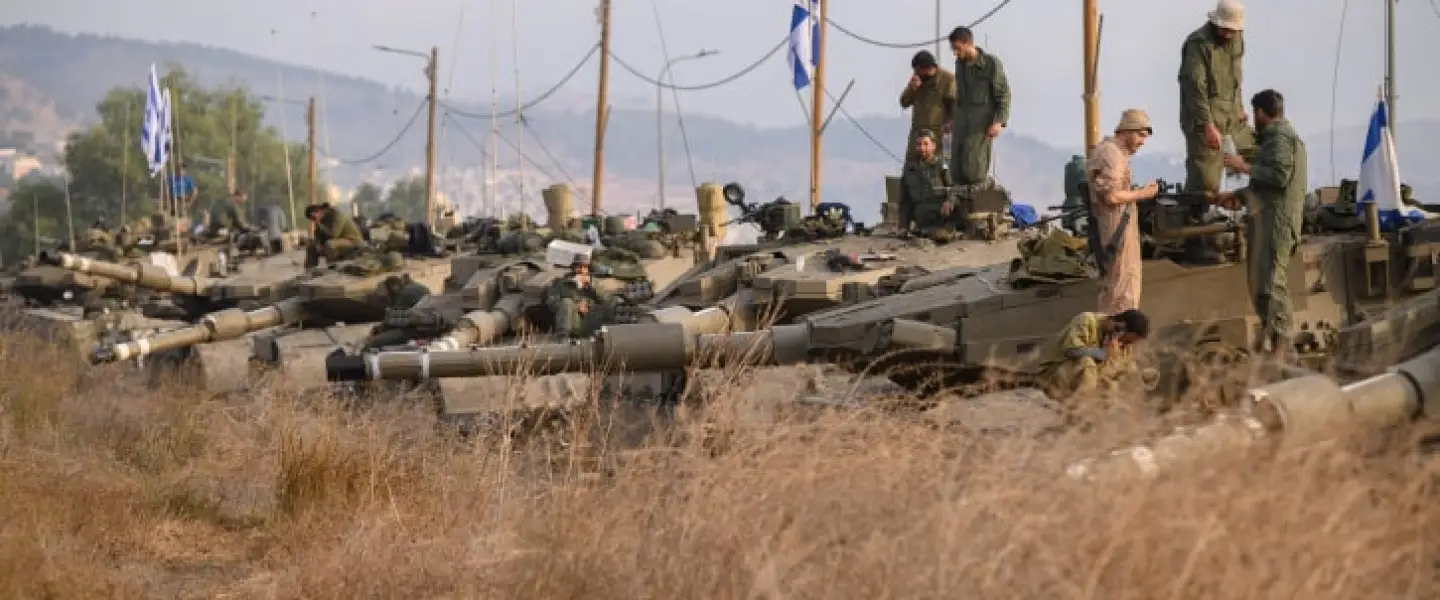 Israeli tanks at a staging area near the border with Lebanon, Oct. 11, 2023. Photo by Ayal Margolin/Flash90.