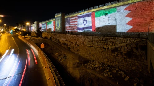 The flags of the U.S., the United Arab Emirates, Israel and Bahrain are screened on the walls of Jerusalem's Old City on Sept. 15, 2020. Photo: Yonatan Sindel/Flash90.