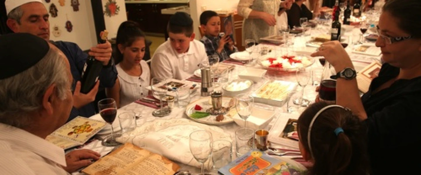 A family seen during the Passover seder on the first night of the holiday in Tzur Hadassah, Israel, on March 25, 2013. Diaspora Jews observe two seders each year, as opposed to one seder per year in Israel. Credit: Nati Shohat/Flash90.