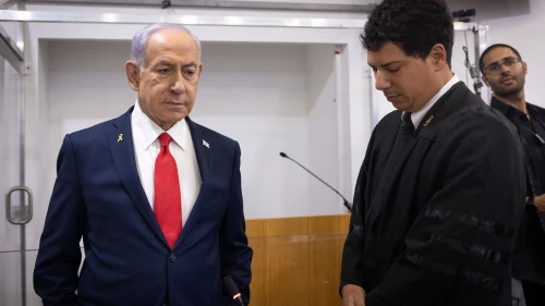 Israeli Prime Minister Benjamin Netanyahu in the Tel Aviv Distrcit court, before the start of his testimony in the trial against him, Oct. 28, 2025. Photo by Miriam Alster/Flash90.