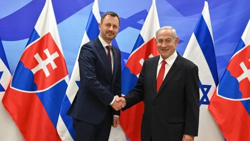Israeli Prime Minister Benjamin Netanyahu meets with his Slovakian counterpart Eduard Heger in Jerusalem, Israel, March 5, 2023. Credit: Kobi Gideon/GPO.