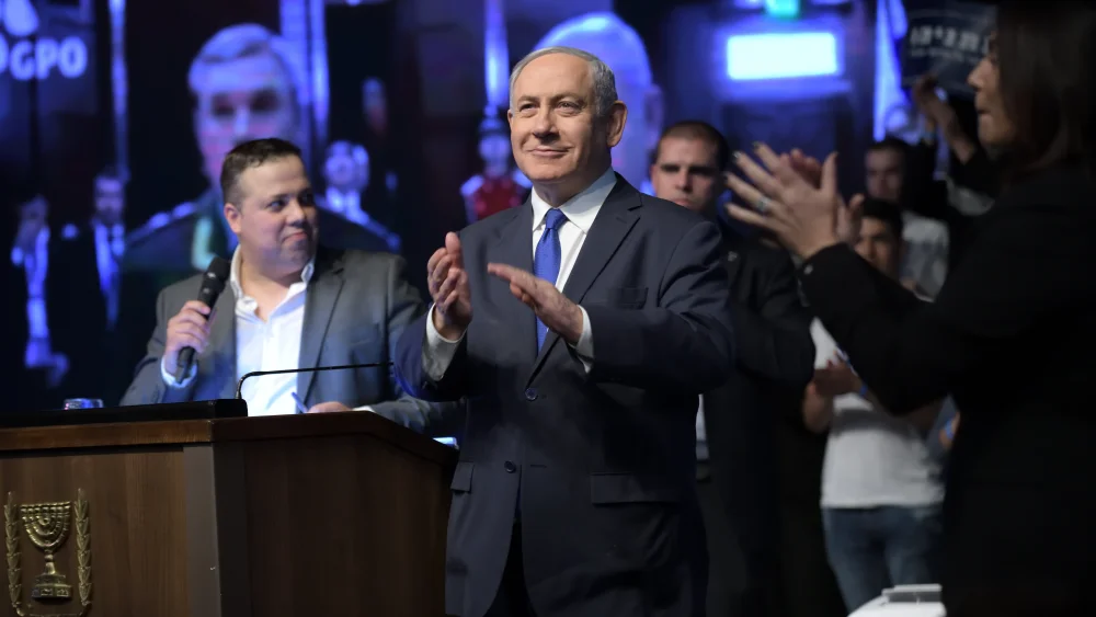 Israeli Prime Minister Benjamin Netanyahu delivers a speech at the Likud Party's election rally in Ramat Gan on Feb 29, 2020. Photo by Gili Yaari/Flash90.