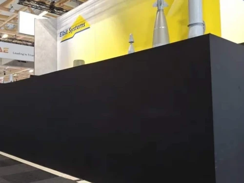 A black wall blocks access to an Israeli pavilion at the Paris Air Show on June 16, 2025. Photo courtesy of the Ministry of Defense of the State of Israel.