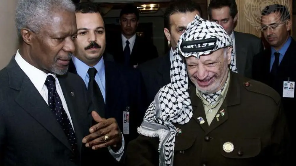 U.N. Secretary-General Kofi Annan meets with PLO chairman Yasser Arafat during the U.N. Racism World Conference in Durban in 2001. Credit: U.N. Photo.