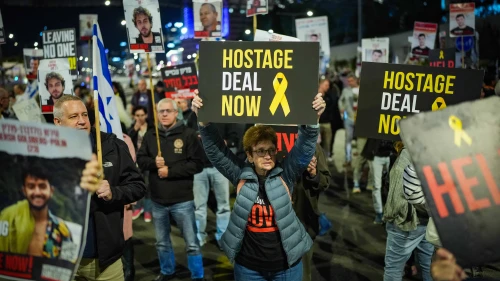 Demonstrators protest calling for the release of Israeli hostages held in the Gaza Strip, outside Hakirya Base in Tel Aviv, March 23, 2024. Photo by Erik Marmor/Flash90.
