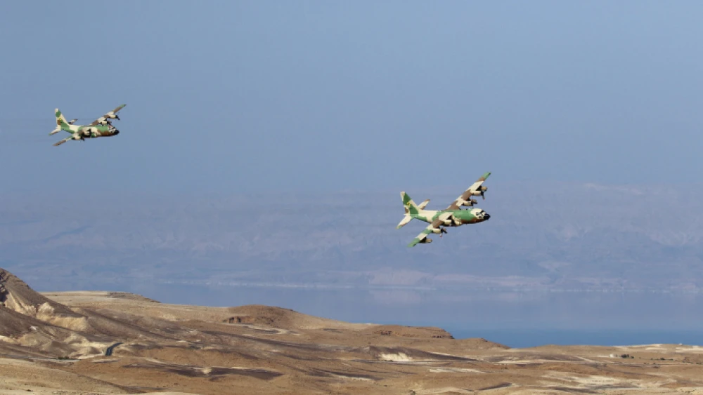 Two C-130 Hercules planes over the Dead Sea on April 15, 2018. Photo by Ofer Zidon/Flash90.