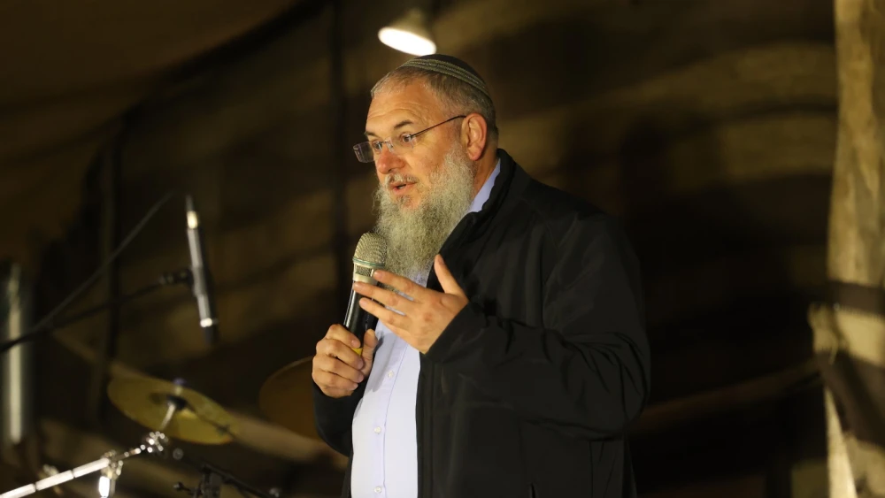 Gush Etzion Regional Council head Shlomo Ne'eman speaks at an event marking 80 years of renewed Jewish life at Gush Etzion, April 13, 2023 in Kfar Etzion.