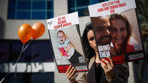 Israelis protest for the release of civilians held hostage in the Gaza Strip, outside the Red Cross offices in Tel Aviv, Jan. 18, 2024. Photo by Miriam Alster/Flash90.