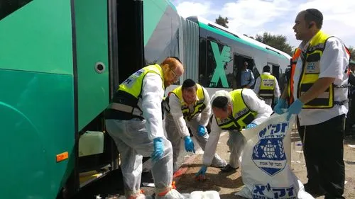 Click photo to download. Caption: Israeli ZAKA volunteers respond to a bus attack in Jerusalem's Geula neighborhood on Oct. 13. Credit: Courtesy ZAKA.