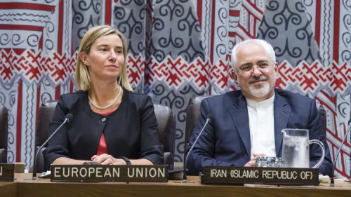 Iranian Foreign Minister Mohammad Javad Zarif (right) and Federica Mogherini, the European Union’s high representative for foreign affairs and security policy, at a meeting on implementing the Iran nuclear deal Sept. 22, 2016, in New York. Credit: U.N. Photo/Amanda Voisard.