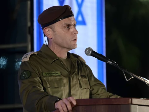 Incoming OC Military Intelligence Maj. Gen. Shlomi Binder speaks during a change-of-command ceremony at the IDF Intelligence Directorate headquarters in Glilot, near Tel Aviv, Aug. 21, 2024. Photo by Tomer Neuberg/Flash90.