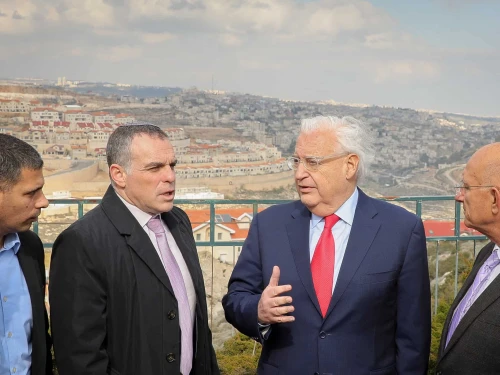 Then-US ambassador to Israel, David Friedman with Head of Efrat regional council Oded Revivi and heads of local councils in Judea and Samaria during a visit in the Jewish community of Efrat, in Gush Etzion, Feb. 20, 2020. Photo by Gershon Elinson/Flash90.