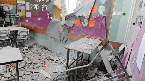 Click photo to download. Caption: A Grad rocket destroyed this kindergarten classroom in Beersheva, Israel on Dec. 31, 2008. Credit: Avi Ohayon/GPO.