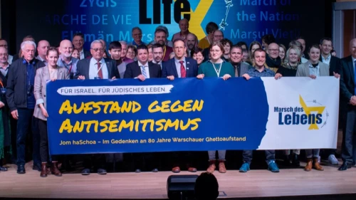"Uprising against Antisemitism,” the banner reads at a March of Life event in Germany. Credit: Courtesy.
