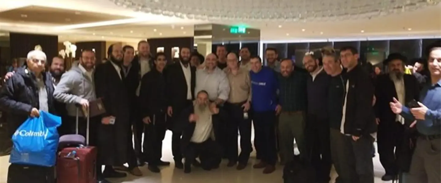 Some of the 150 El Al passengers who unexpectedly spent a Shabbat together in Athens, Nov. 16, 2018. Credit: Chabad.org/News.