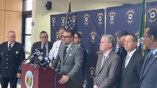 Evan Bernstein speaks along with law-enforcement officers regarding the stabbing of an Orthodox Jewish man in Monsey, N.Y. Source: ADL via Twitter.