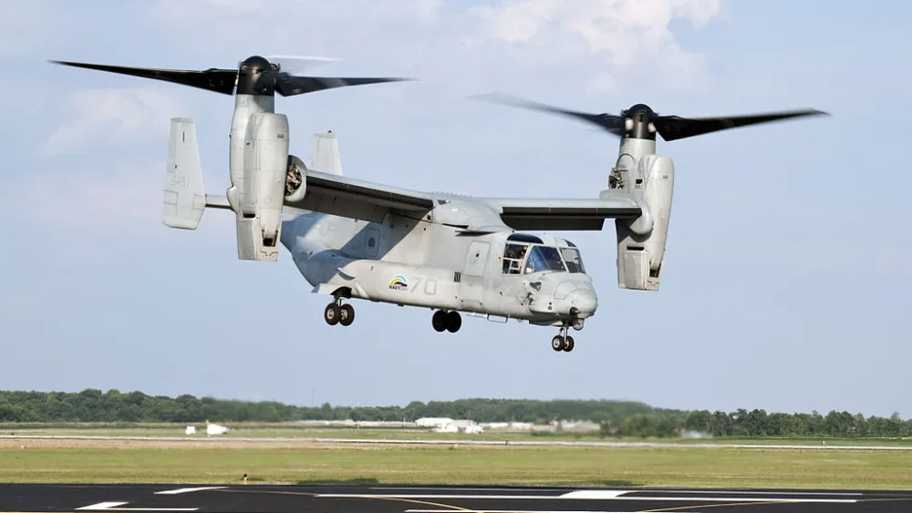A U.S. Marine Corps MV-22 Osprey lifts off from Naval Air Station Patuxent River during a successful biofuel test flight, on Aug. 10, 2011. U.S. Navy photo by Steven Kays/Released.