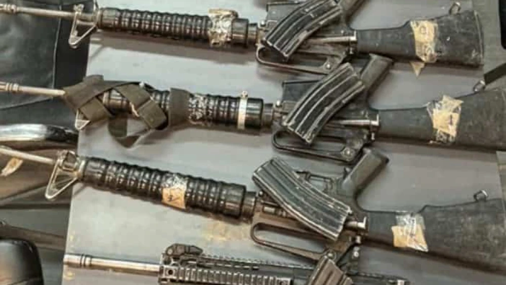 Assault rifles that were seized after a drone was shot down by the Israel Defense Forces near the Egyptian border, Jan. 29, 2025. Credit: IDF.