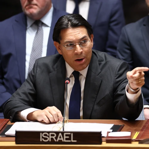 Danny Danon, Israeli ambassador to the United Nations, points toward the Iranian delegation during a U.N. Security Council meeting on the situation in the Middle East at U.N. headquarters in New York City on Feb. 28, 2026. Photo by Charly Triballeau/AFP via Getty Images.