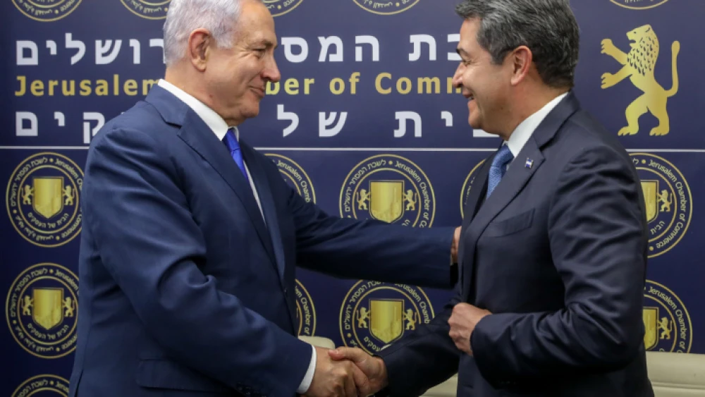 Israeli Prime Minister Benjamin Netanyahu and President of Honduras Juan Orlando Hernández at the opening of a Honduran Trade Office in Jerusalem on Sept. 1, 2019. Photo by Marc Israel Sellem/POOL.
