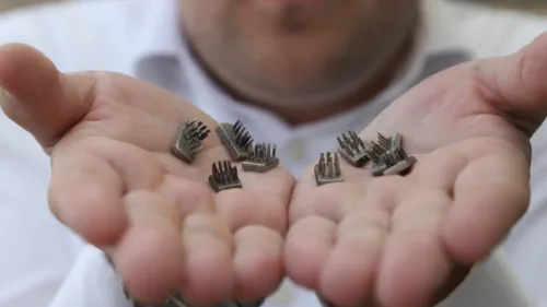Steel dies used by Nazi Germany to tattoo numbers on Jewish prisoners' arms during the Second World War. Photo: Yehonatan Shaul.