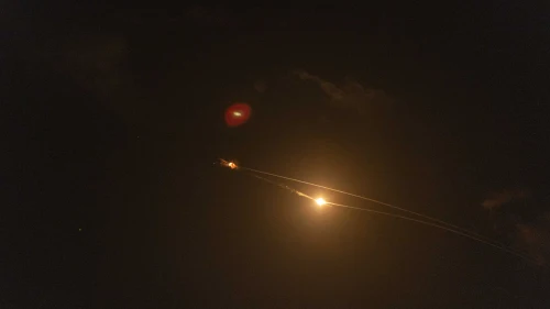 The interception of incoming ballistic missiles launched from Iran, as seen over Tel Aviv during the war with Iran, March 15, 2026. Photo by Chaim Goldberg/Flash90.