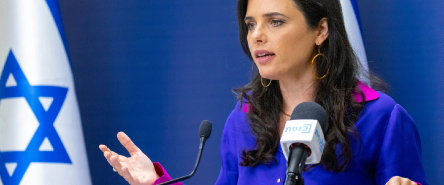 Israeli Interior Minister Ayelet Shaked speaks during a Yamina Party meeting at the Knesset, in Jerusalem, on July 5, 2021. Photo by Olivier Fitoussi/Flash90.
