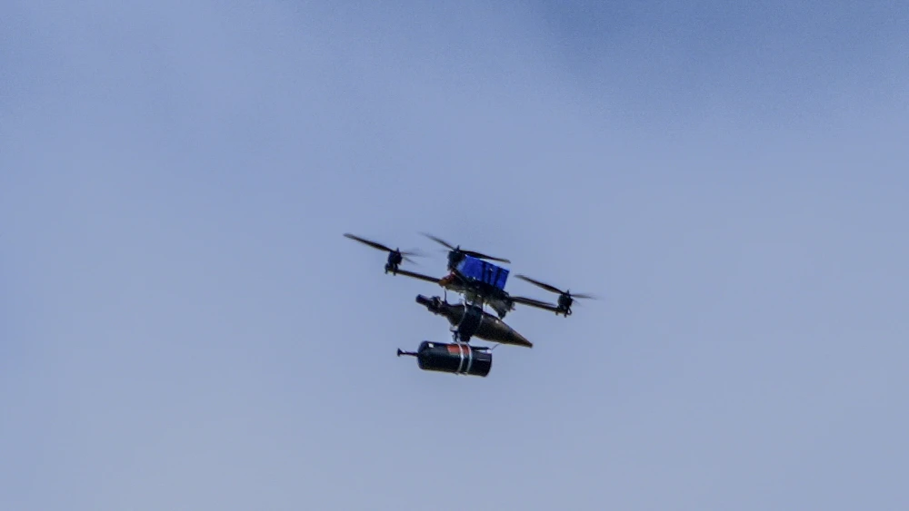 An explosive drone launched by Hezbollah is seen near the Israeli border with Lebanon during during an attack on northern Israel, May 19, 2026. Photo by Ayal Margolin/Flash90.