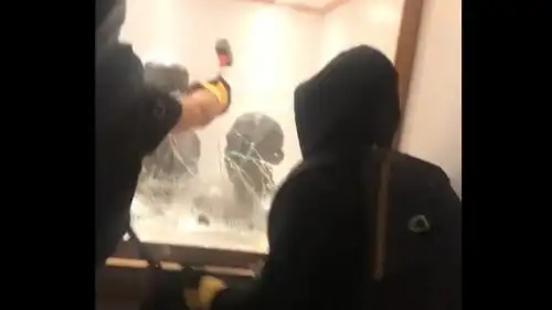 Masked anti-Israel protesters steal two busts of Chaim Weizmann at Manchester University, Nov. 2, 2024. Credit: X/Palestine Action.