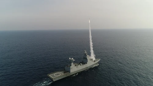 A live-fire test of the "C-Dome" defense system from aboard the “INS Magen” missile corvette. Credit: Israeli Ministry of Defense.