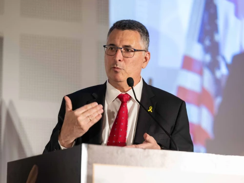 Israeli Foreign Minister Gideon Sa’ar speaks at “The Future of Judea and Samaria” conference in Jerusalem, Oct. 29, 2025. Photo by Matt Kaminsky/JNS.