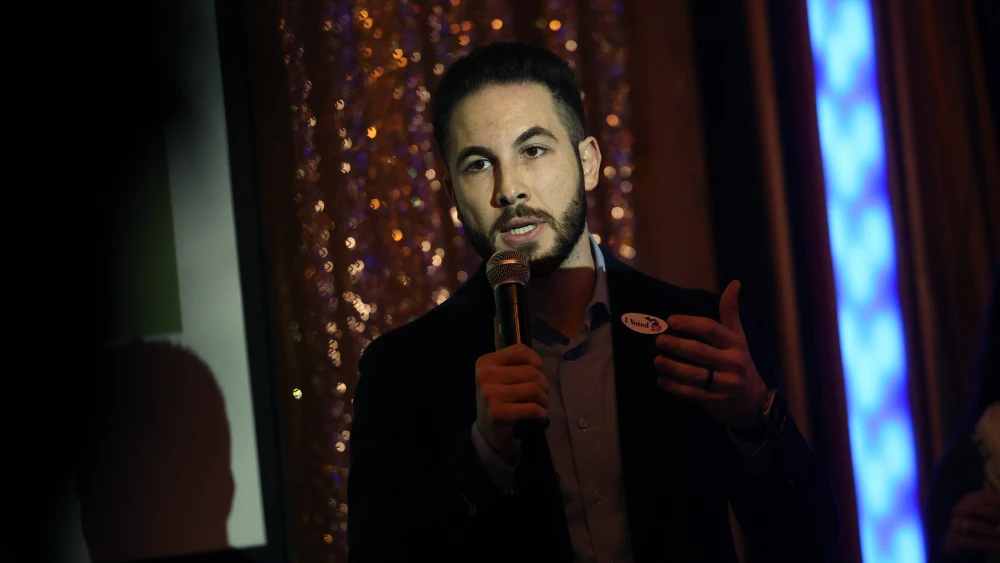 Abdullah Hammoud, mayor of Dearborn, Mich., delivers remarks at a primary election night watch party for "Uncommitted for Joe Biden," which called on Democratic voters not to support then-U.S. President Joe Biden due to his administration's support of Israel in its war against Hamas, at Adonis Restaurant and Banquet in Dearborn, Mich., on Feb. 27, 2024. Photo by Kevin Dietsch/Getty Images.