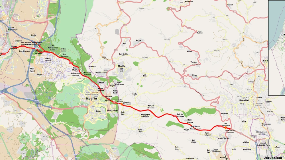 Map with Israel's Route 443 highlighted in red. Credit: OpenStreetMap via Wikimedia Commons.
