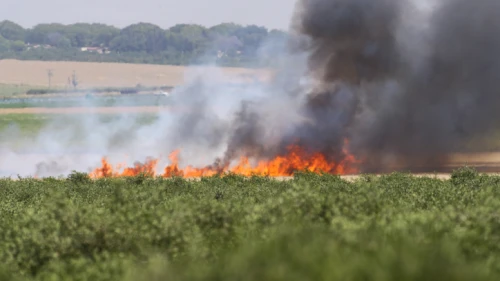 Smoke rises from Israeli agricultural fields near the Israeli border with the Gaza Strip, after being set on fire by a flaming kite flown over by Palestinians as they protest by the border fence on May 14, 2018. Photo by Flash90.
