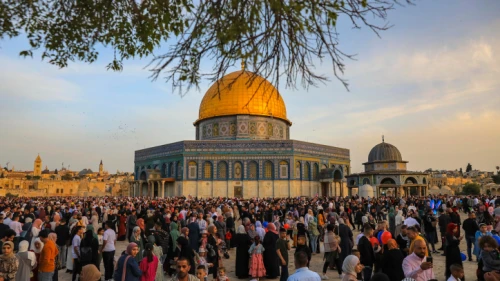 Muslims attend the morning Eid al-Fitr prayer, marking the end of the holy fasting month of Ramadan, at the Al Aqsa Mosque compound in Jerusalem's Old City, on May 2, 2022. Photo by Jamal Awad/Flash90.