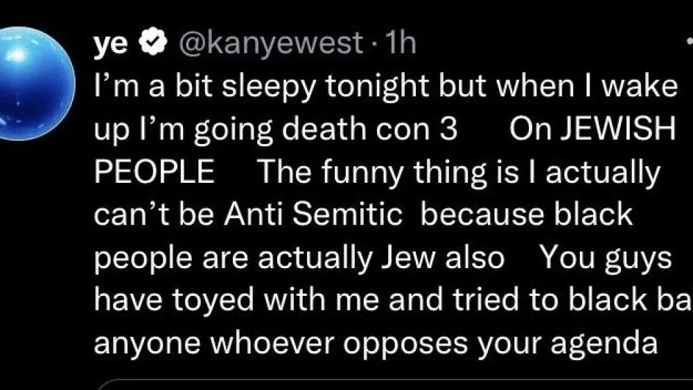 Tweets by Ye On Oct. 8, 2022 where he said he was going "death con 3 on JEWISH PEOPLE.” Source: Twitter.