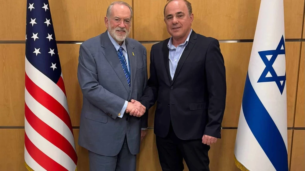 U.S. Ambassador to Israel Mike Huckabee meets Rafael Advanced Defense Systems Chairman and former Israeli Cabinet Minister Yuval Steinitz, July 2, 2025. Credit: U.S. Embassy in Israel.