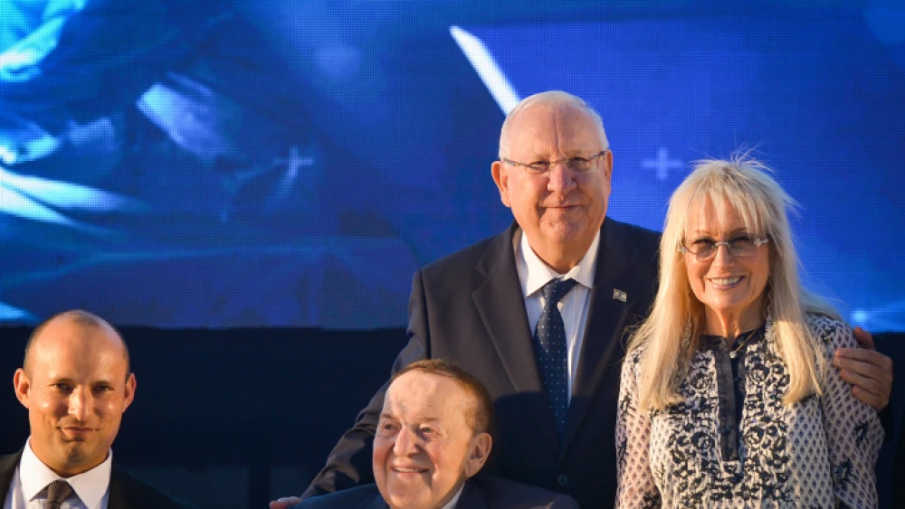 From left: Israeli Education Minister Naftali Bennett, American businessman and investor Sheldon Adelson, his wife Dr. Miriam Adelson and Israel's President Reuven Rivlin at the ceremony for a new Faculty of Medicine at Ariel University in the West Bank, on Aug. 19, 2018. Photo by Ben Dori/Flash90.