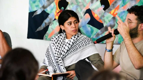 MEP Rima Hassan at the Humanity festival (La Fête de l'Humanité) in Brétigny-sur-Orge, near Paris, on Sept. 14, 2024. Photo by Magali Cohen/Hans Lucas/AFP via Getty Images.