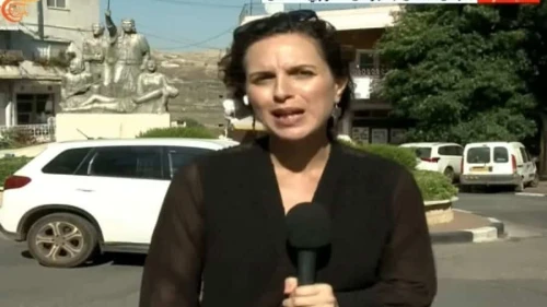 "Al Mayadeen" reporter Hanaa Mahamid broadcasts live from Majdal Shams in the Golan Heights, where a rocket fired by Lebanese Hezbollah killed 12 children, July 28, 2024. Source: Screenshot/X.