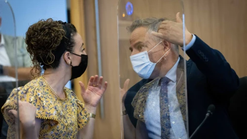 Israeli Health Minister Nitzan Horowitz and Knesset member Idit Silman attend a Knesset press conference, on Oct. 6, 2021. Photo by Yonatan Sindel/Flash90.