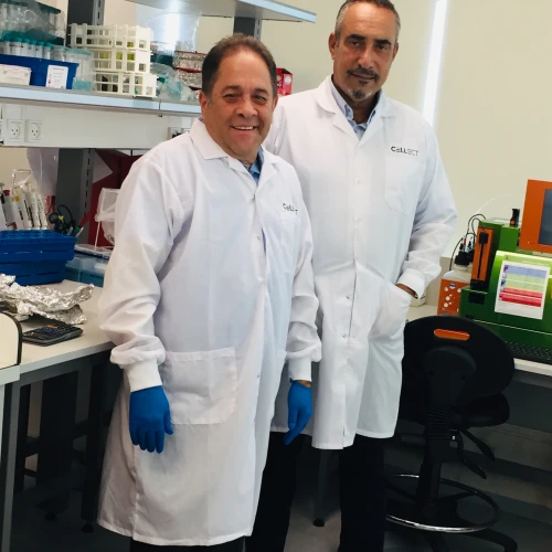 Dr. Shai Yarkoni (left) and Nuriel Chirich Kasbian in their lab at Cellect Biotechnology. Credit: Maayan Jaffe-Hoffman.