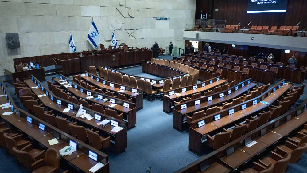 A view of the assembly hall of the Knesset, the Israeli parliament in Jerusalem, May 4, 2026. Photo by Yonatan Sindel/Flash90.