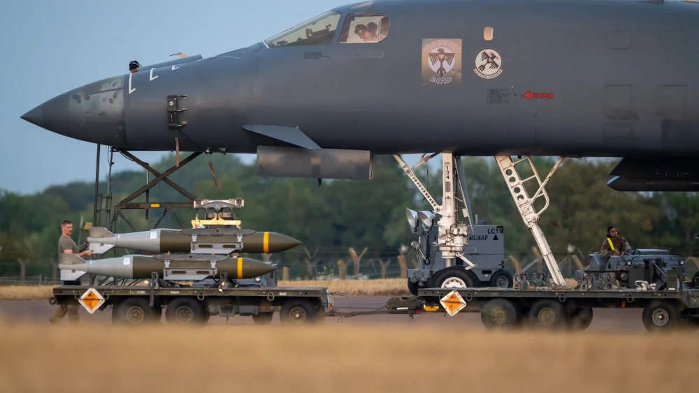 Munitions near a U.S. Air Force B-1 bomber are seen at Royal Air Force Fairford in the United Kingdom, July 24, 2026. Photo by Matthew Horwood/Getty Images.