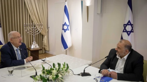 Mansour Abbas, head of the Ra'am Party, meets with Israeli President Reuven Rivlin at the President's Residence in Jerusalem on April 5, 2021. Photo by Yonatan Sindel/Flash90.
