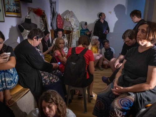Israelis take cover in a public shelter in Jerusalem during a ballistic missile attack fired from Iran on June 15, 2025. Photo by Noam Revkin Fenton/Flash90.