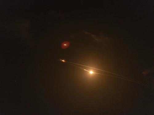 The interception of incoming ballistic missiles launched from Iran, as seen over Tel Aviv during the war with Iran, March 15, 2026. Photo by Chaim Goldberg/Flash90.