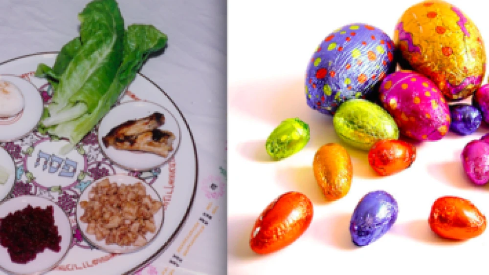 A Passover seder plate and Easter eggs. Interfaith families find themselves working to balance observance of both holidays. Credit: Yoninah and Lotus Head via Wikimedia Commons.