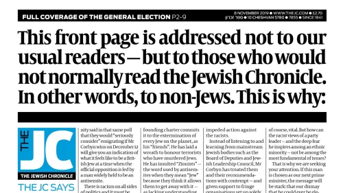 A “Jewish Chronicle" editorial in the United Kingdom urging non-Jews to not vote for Labour Party leader Jeremy Corbyn. Source: Screenshot.